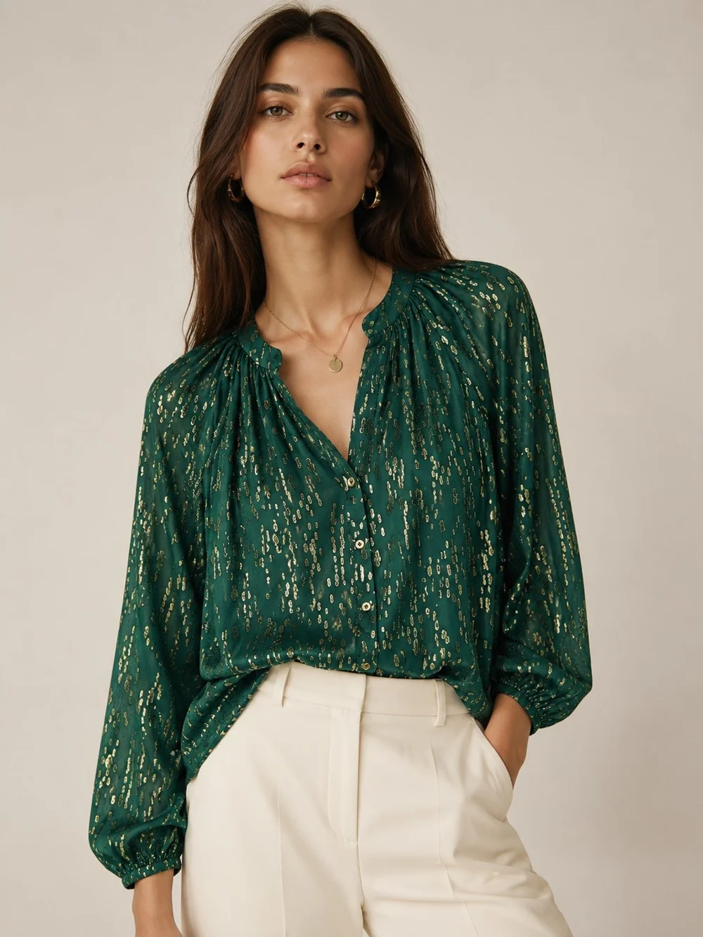 LILLY PULITZER Saige SILK Blouse Top In Evergreen & Metallic Gold Large